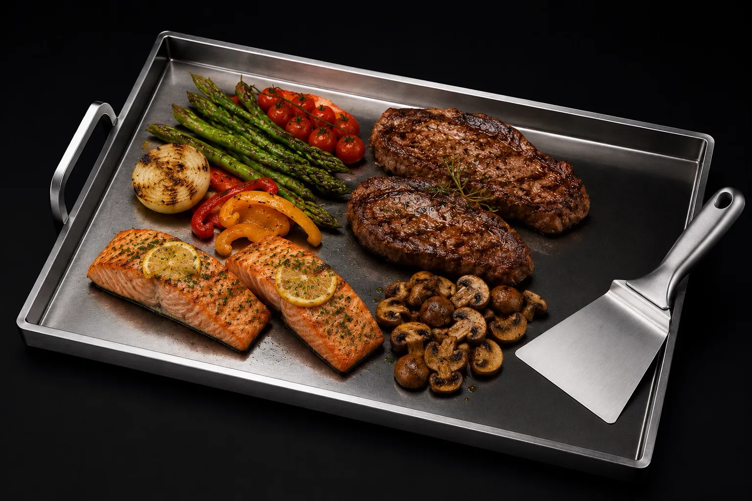 Plancheta de acero con carne, salmón y verduras